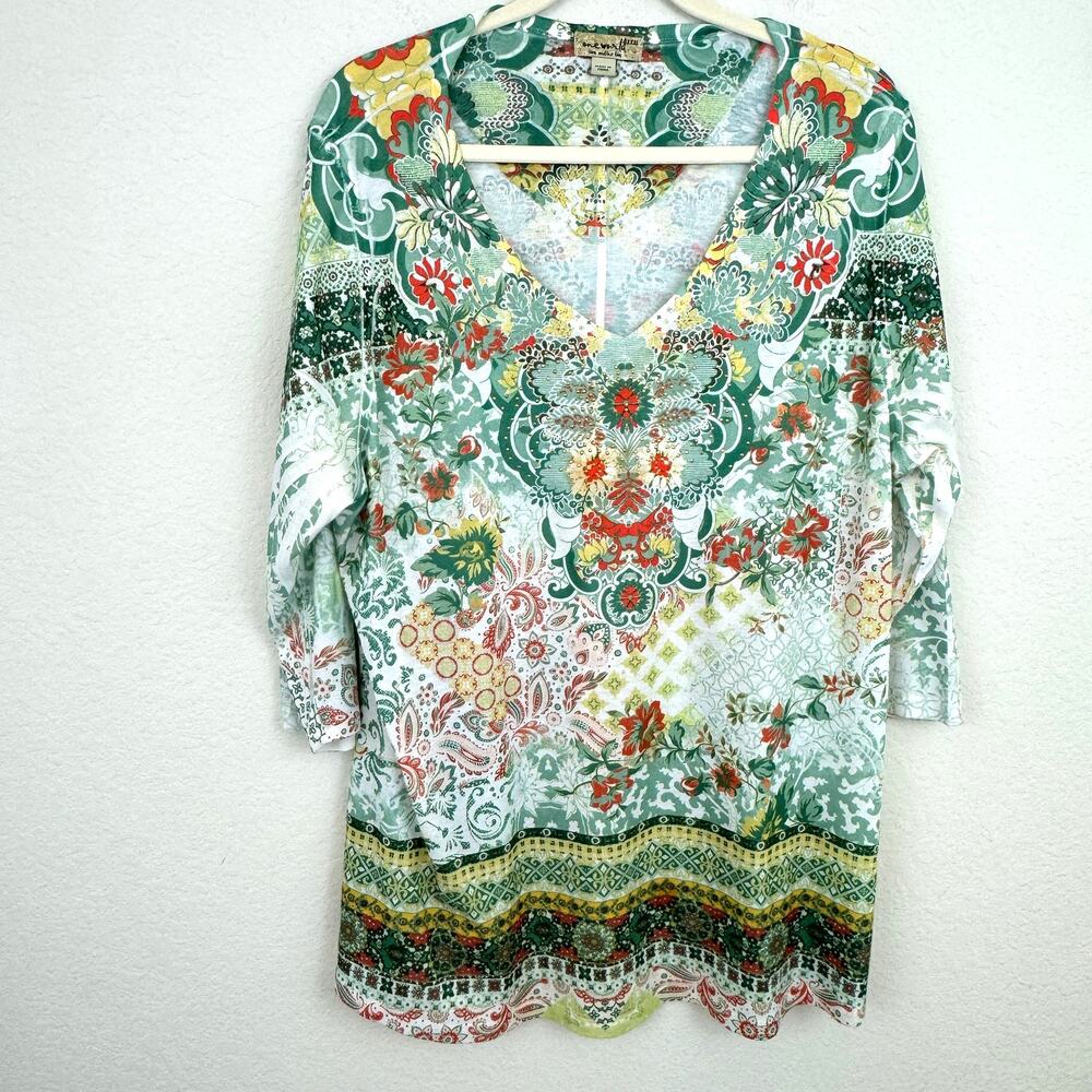 One World Women's Pullover Tunic Top Size XXXL Gold Beaded Floral White Green
